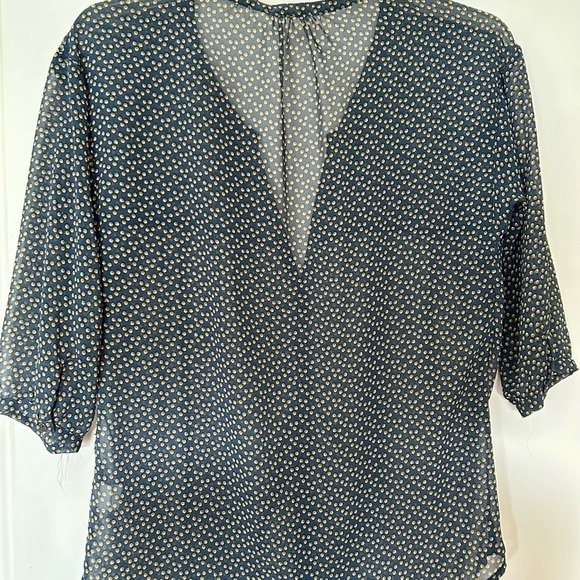 Zara TRF Blouse Pleat Front Dark Blue Yellow Polka Dot Sheer Airy size Large - Picture 9 of 16